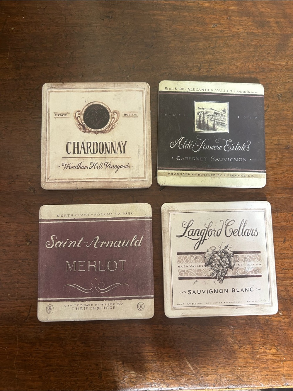 Wine Label Square Coasters Set - Neutral Brown & Cream